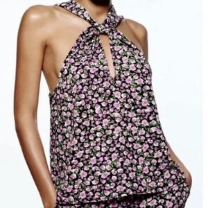 Zara Top Floral Halter Crossover Straps Purple Black Flowers‎ Print Size Medium